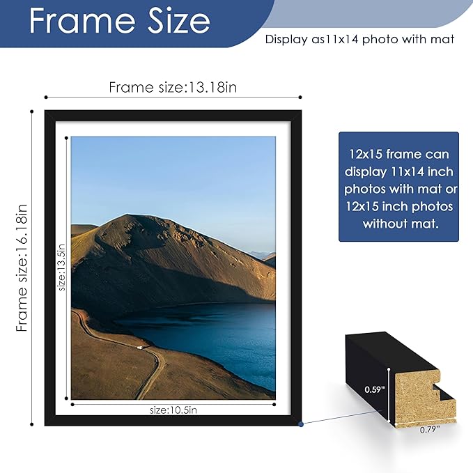 PEALSN 12x15 Picture Frames Set of 6, Display Pictures 11x14 with Mat or 12x15 without Mat for Wall Mounting, Photo Frames Collage for Wall Decor, Black.
