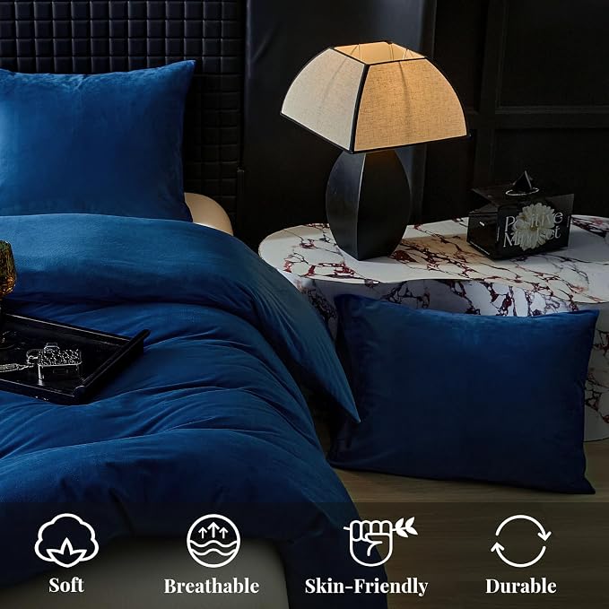 WARMDERN Navy Blue Flannel Velvet Duvet Cover King Size Duvet Cover Bedding Sets, 3pcs Ultra Soft Luxury Textured Modern Crystal Velvet Duvet Covers with Zipper Closure(Navy Blue, King)
