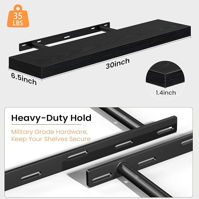 Fun Memories Floating Shelves for Wall, 30 Inch Set of 2 Rustic Wood Wall Shelves with Invisible Brackets, Heavy Duty Storage Display for Living Room Bedroom Kitchen, Black