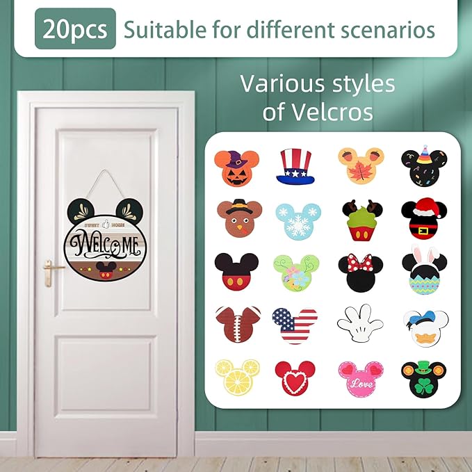 15.7'' Cute Mouse Seasonal Interchangeable Home Sign for Front Porch,18pcs Interchangeable Hanging Vertical Welcome Door Sign for Farmhouse/Wall/Porch Decor and Housewarming Gift