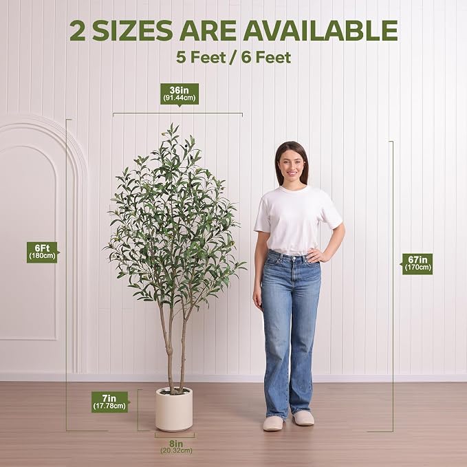 Verinatural Artificial Olive Tree Faux Plants Indoor - 6FT Tall Fake Tree with Remote LED Spotlights, Cylinder Round White Planter - for Modern Home Office Living Room Floor Display, VN214
