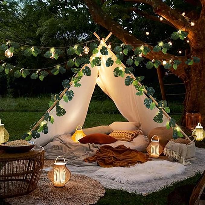 RECUTMS Monstera Leaves String Lights 1P 20LEDs Artificial Tropical Palm Leaf Battery Operated Hanging Rattan Light Faux Greenery Vines for Hawaiian Party Luau Jungle Beach Summer Indoor Outdoor Decor