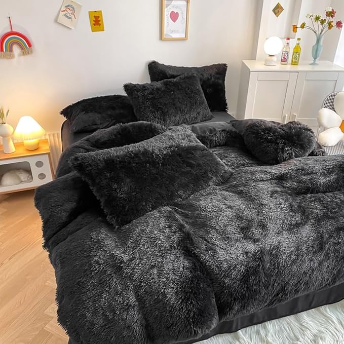chovy Faux Fur Plush Black Comforter Sets Twin/Full Size - Ultra Soft Shaggy Flannel Velvet Fluffy Fuzzy 3PC Bedding Set （Comforter x 1 Pillowcases x 2）