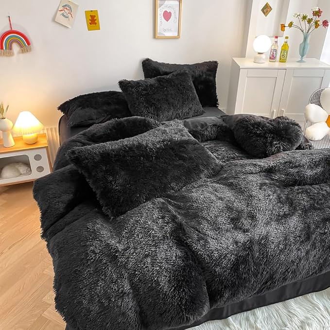 chovy Faux Fur Plush Black Comforter Sets King - Ultra Soft Shaggy Flannel Velvet Fluffy Fuzzy 3PC Bedding Set （Comforter x 1 Pillowcases x 2）