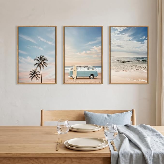 Ausril Large Ocean Beach Framed Canvas Wall Art Set, Bus and Palm Tree Wall Decor, Coastal Beach Surfboard Wall Painting, Modern Seaside Art Prints for Living Room, Bedroom, Dining Room - 24"x36"x3