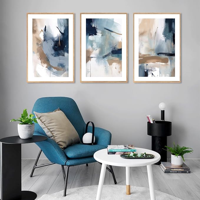 LHIUEM Large Abstract Navy Blue Framed Canvas Wall Art,Neutral Brush Stroke Wall Decor,Modern Pastel Brown Wall Painting,Minimalist Shapes Artwork for Living Room,Bedroom,Office- 24"x36"x3
