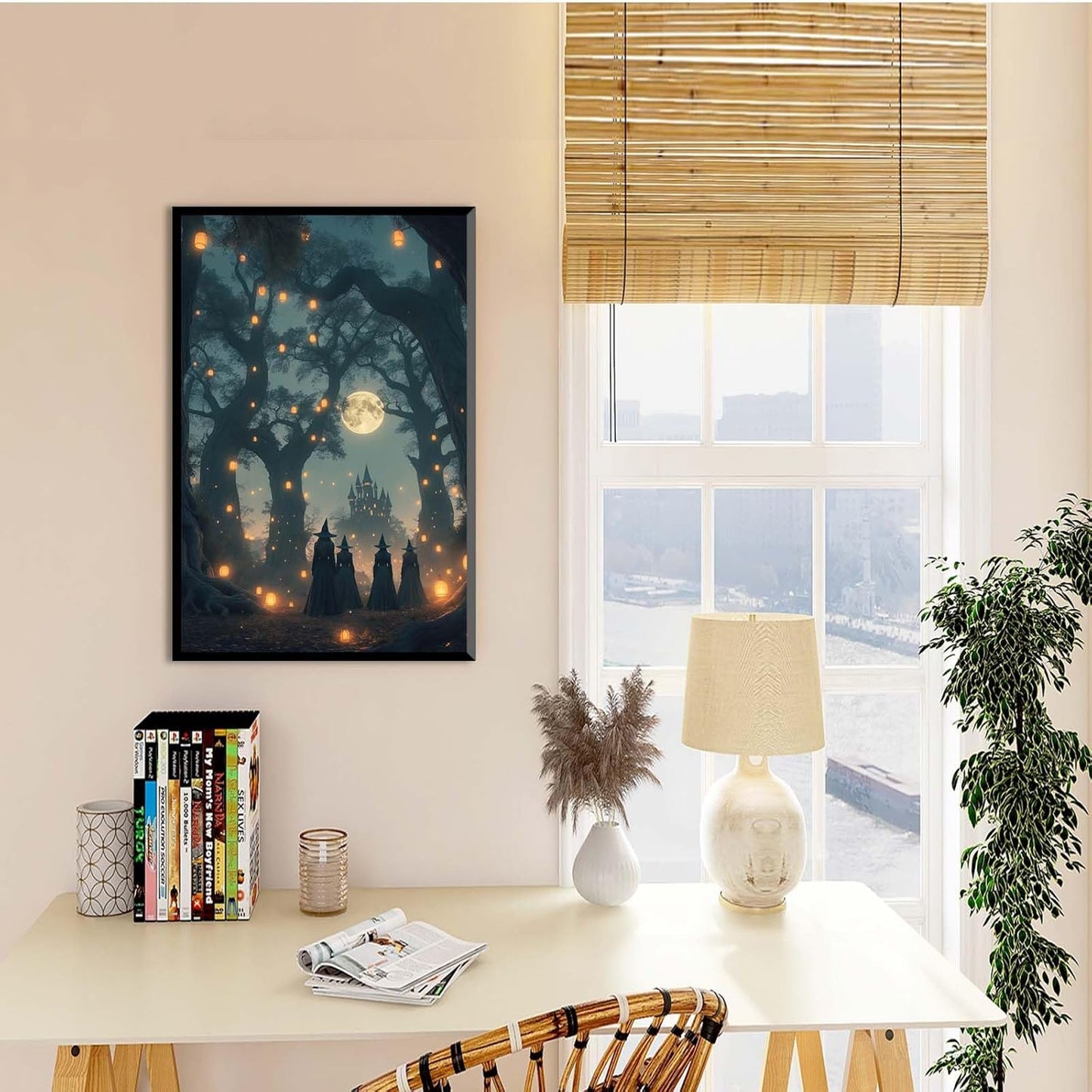 JFHCQJPK Mysterious creek painting witch and castle in magic forest art print canvas gothic print dark college decoration poster for home bedroom12x16in Metal blackFramed