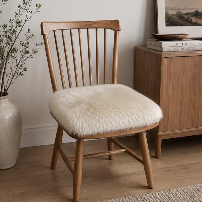 Sheepskin Chair Cushion Non-Slip Back Square Genuine Fur Chair Cover Silky Natural Wool Seat Cushion Pad Soft Area Rugs Carpet for Home Office Restaurant Chair 18x18 Inch (Pack of 2), Flaxen