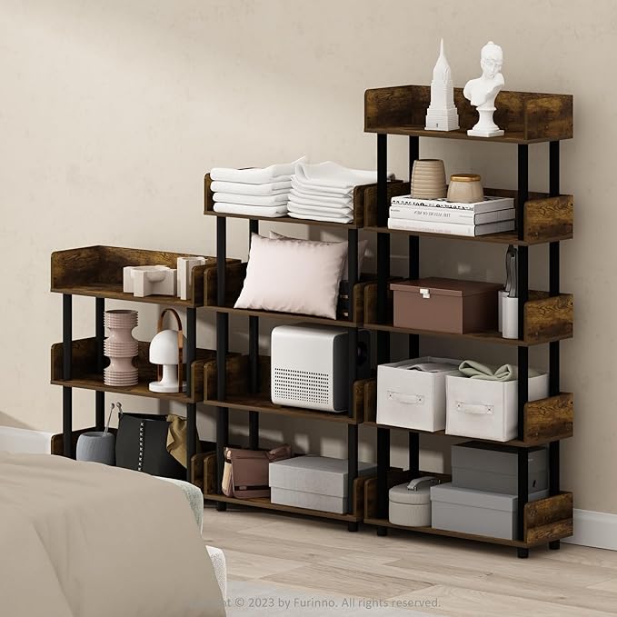 Furinno TURN-N-TUBE 5-Tier Display Shelf, Storage Shelves, Book Shelf, Open Shelves with Rounded Corner Top Edges, for Organization and Storage, Living Room, Home Office, Amber Pine