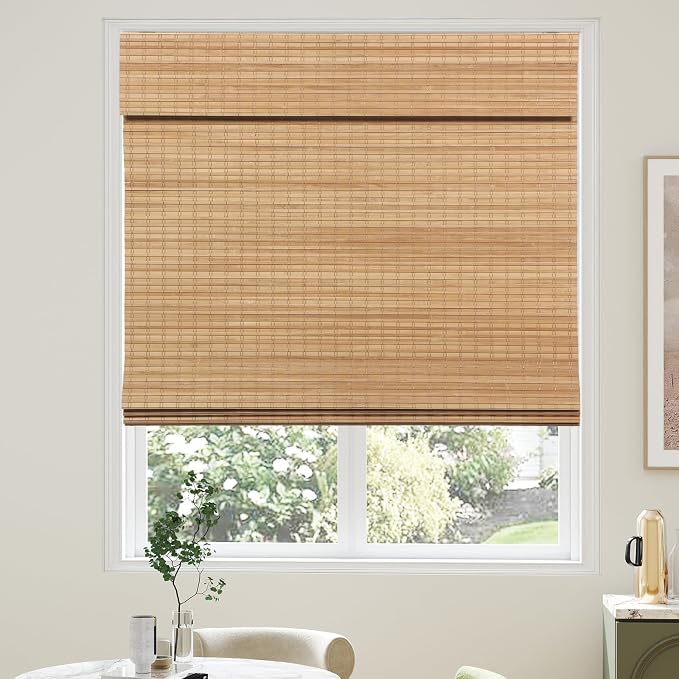 AGESISI Bamboo Roman Shades with Valance Cover, Cordless Blinds for Indoor Windows, Blackout Woven Wood Shades for Home & Patio, Privacy Protection, 23" W x 64" H, Carbonized