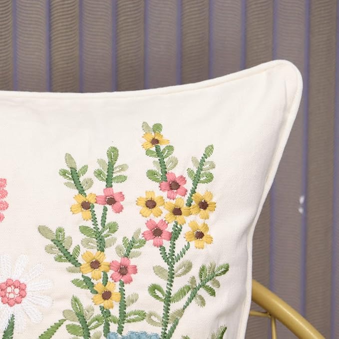 Set of 2 Embroidered Decorative Throw Pillow Covers Couch Square Pillowcases Cushion for Bedroom Sofa Farmhouse Decor 18x18 Inch (Daisy)