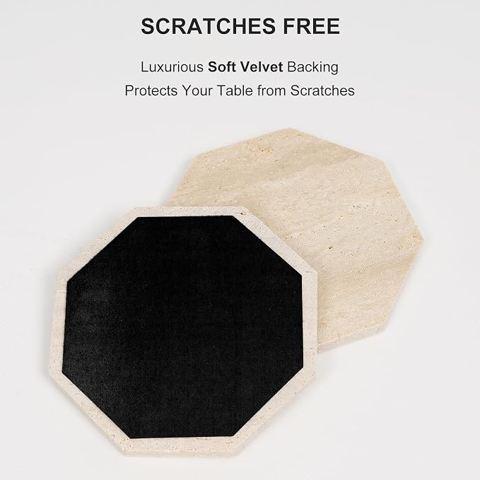 Octagonal Travertine Coasters Set of 6 with Holder, Farmhouse Rustic Neutral Stone Coaster for Home Table Decor, Porous Natural Travertine Absorbent Drink Coasters, Velvet Backed