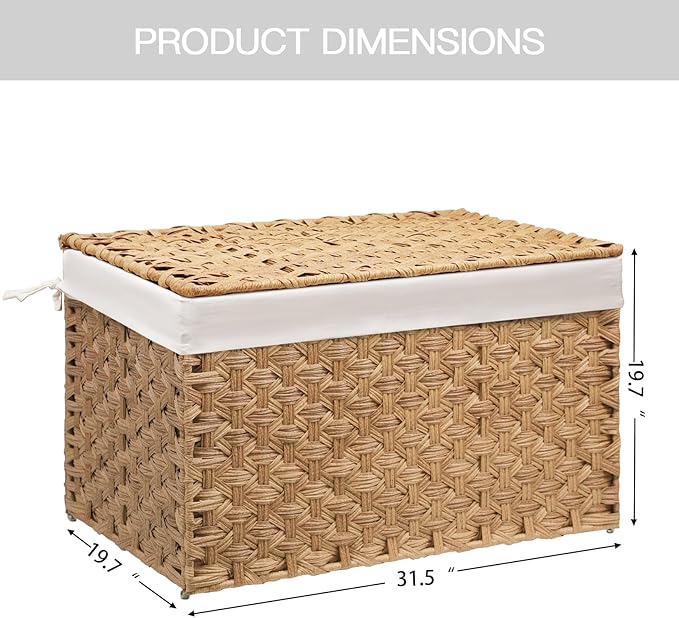 Wicker Storage Basket with Lid, 52.8 Gallon (200L) Large Blanket Basket with Lid, Woven Storage Bin with Handles, Removable Liner, Metal Frame, Foldable, for Bedroom, Laundry Room, Natural