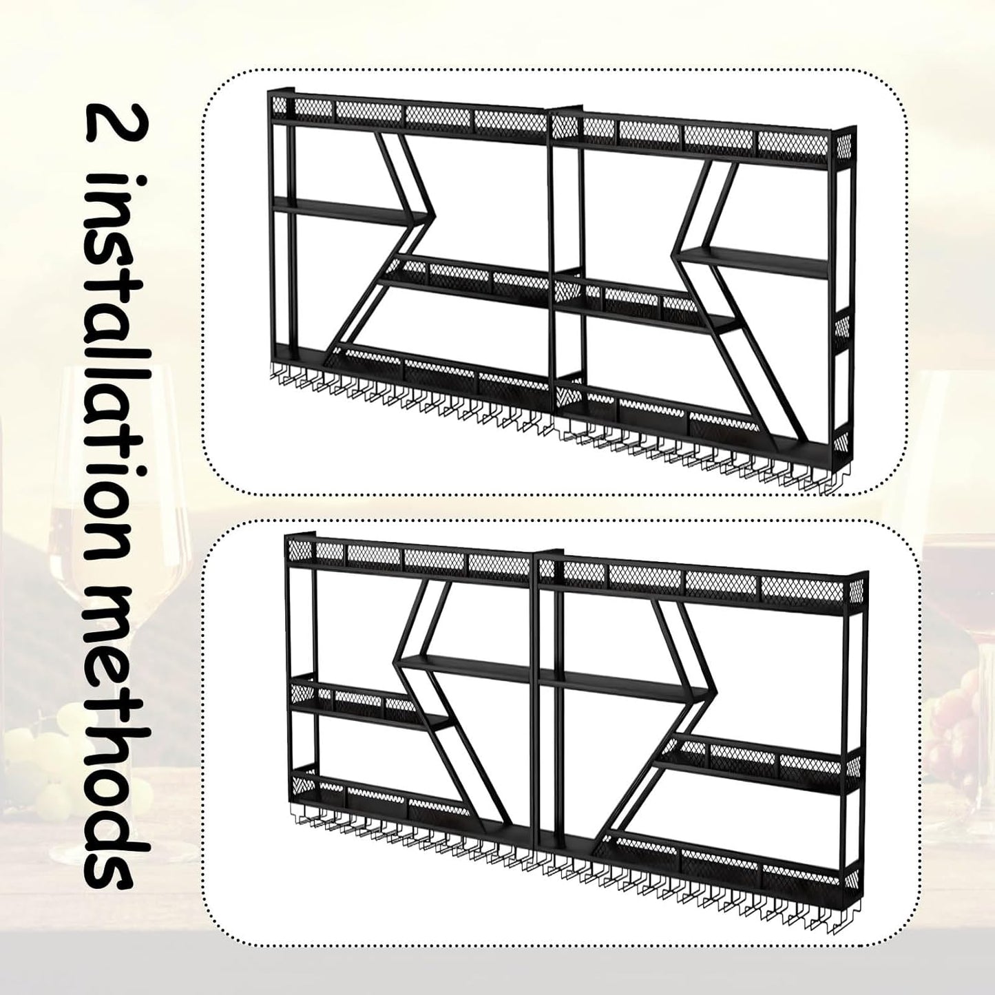 Wall Mounted Wine Rack with Glass Holder, 3-Tier Metal Storage Shelf, Black Diamond Design, Wine Bottle Display with Stemware Storage (Black, 31.49in/Left)