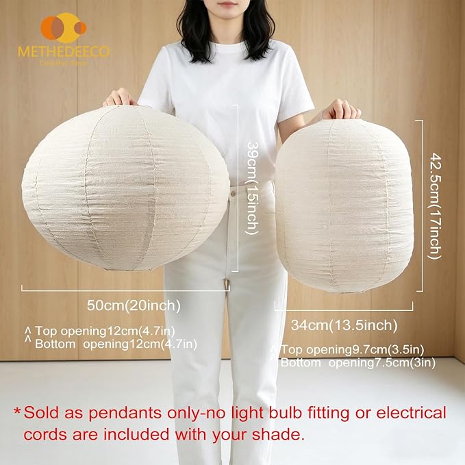 METHEDEECO 2-Piece Hanging Lamp Shade Set, 1 Oval 20x15 in + 1 Cylinder 13.5x17 in, Faux Linen Fabric Pendant Light Shades, Foldable Minimalist Pendant Lantern Shades, Nature Beige, Shades Only