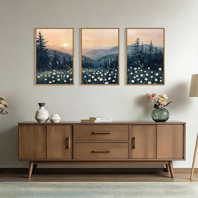 KAIRNE Mountain Floral Landscape Framed Canvas Wall Art Set,Watercolor Forest Wall Decor,Misty Pine Tree Art Prints,Nature Sunset Scenery Artwork for Living Room,Bedroom,Farmhouse,Office-16 x24 x3