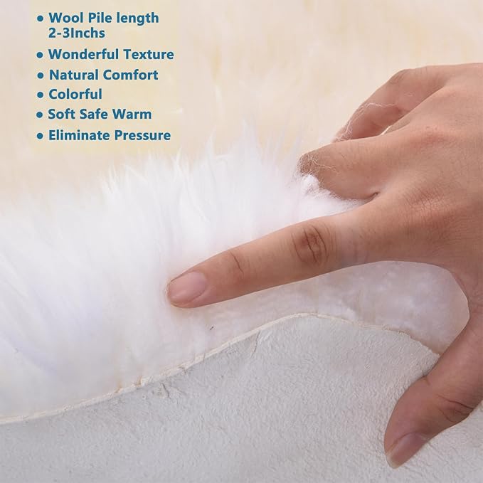 AOGELAN Premium Genuine Sheepskin Rug, Genuine Sheepskin Natural Fluffy Fuzzy Lambskin Fur Area Rug for Kids Bedroom Sofa Chair Seat Cover Pets Dogs Mat Single Pelt/2'x 3' White/Ivory