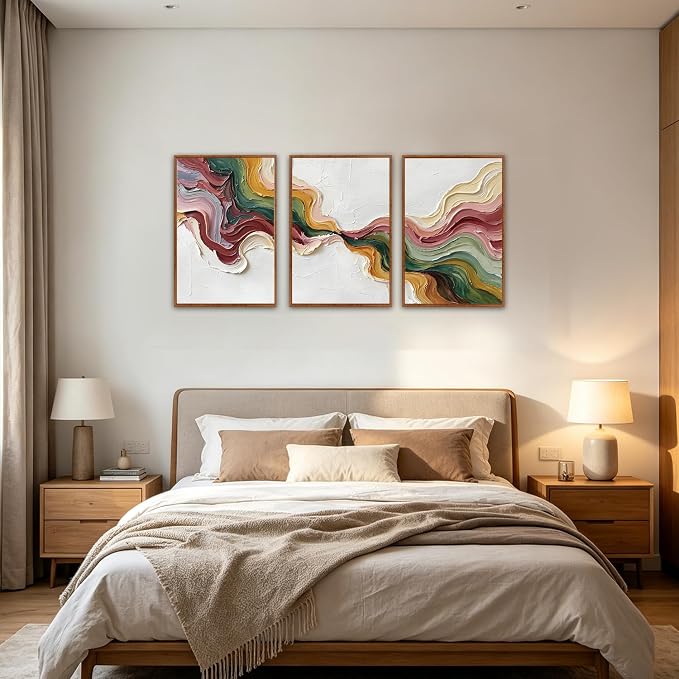 CHDITB 3D Textured Abstract Wave Framed Canvas Wall Art Set, Modern Neutral Earth Tone Picture Flowing Ribbon Wall Decor, Multicolor Minimalist Line Art Prints for Living Room Hallway Home Decor 16"x24"x3