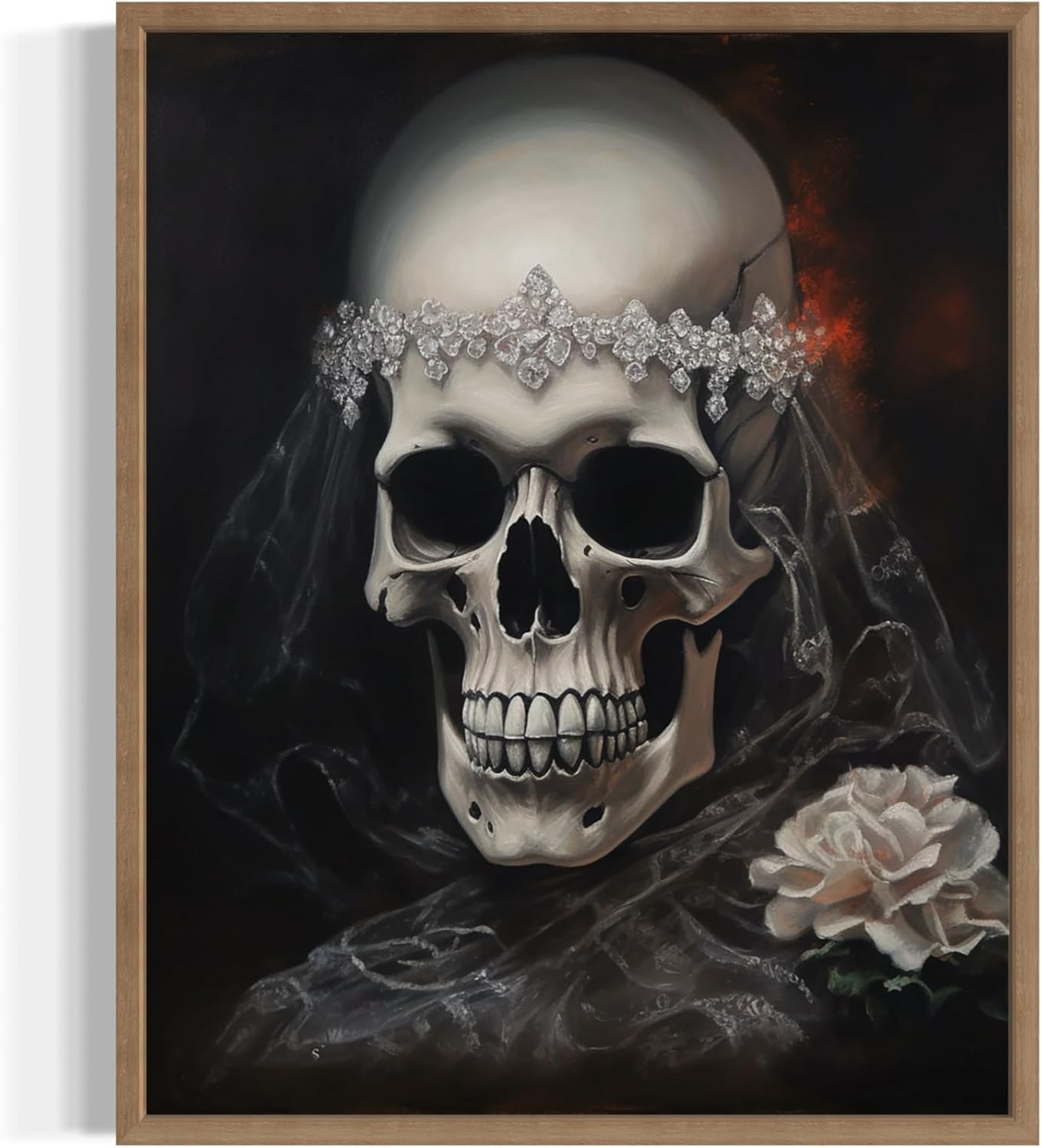 Skull Bride Poster Art Print, Halloween Scary Vintage Wall Art Academia Spooky Painting Decoration for Horror Prints, Gothic Posters Bedroom Decor 89 (Skull Bride, 11 x 14 inches, Wood Frame)