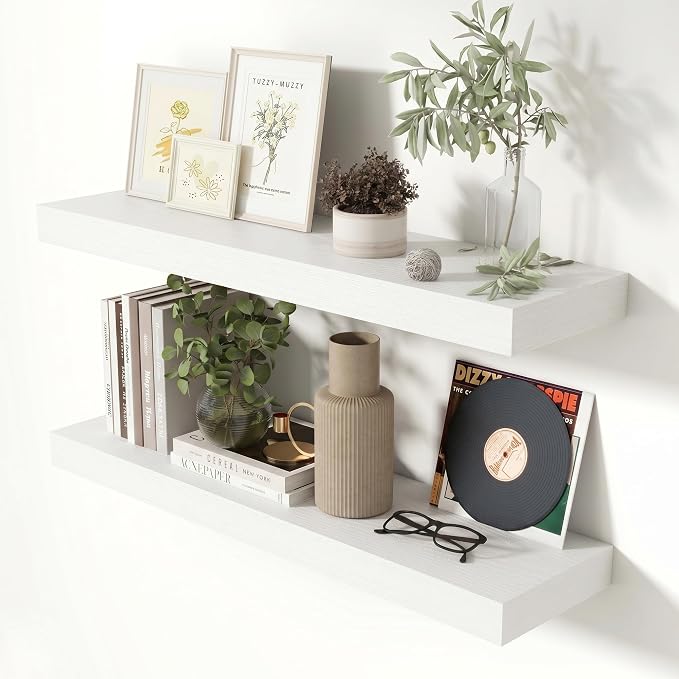 Heimlove 32 Inch Floating Shelves for Wall White Shelves Set of 2,Wall Mounted Rustic Wood 8 Inch Deep Floating Shelf with Invisible Brackets for Bedroom Kitchen Living Room