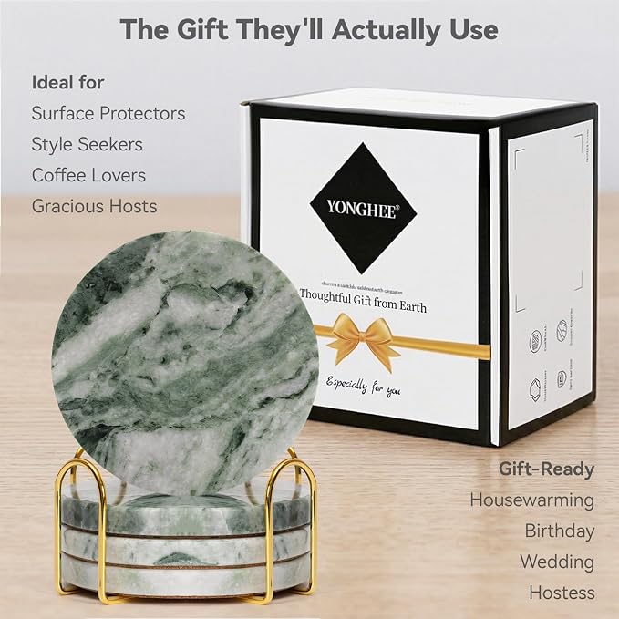 Sage Green Marble Coasters Set of 4 with Holder, Green & White Coaster for Coffee Table, 4" Round Polished Green Stone Coasters with Cloudy Veins – Heat Resistant, Non-Slip, Housewarming Gift