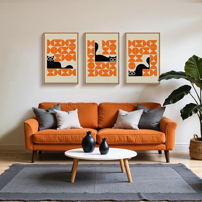 HOURIA Geometric Black Cat Framed Canvas Wall Art Set,Abstract Orange & Cream Wall Decor,Round Eyes Playful Kitten Wall Painting,Modern Animal Prints for Nursery,Living Room,Office - 16"x24"x3