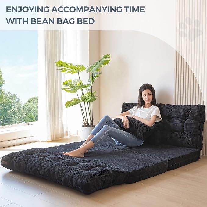 MAXYOYO Folding Sofa Bed, Tufted Bean Bag Bed with Pillows Floor Couch for Adults, Extra Thick and Long Floor Sofa, Full Floor Couch Bed for Bedroom Living Room, Black, 54x91 Inch