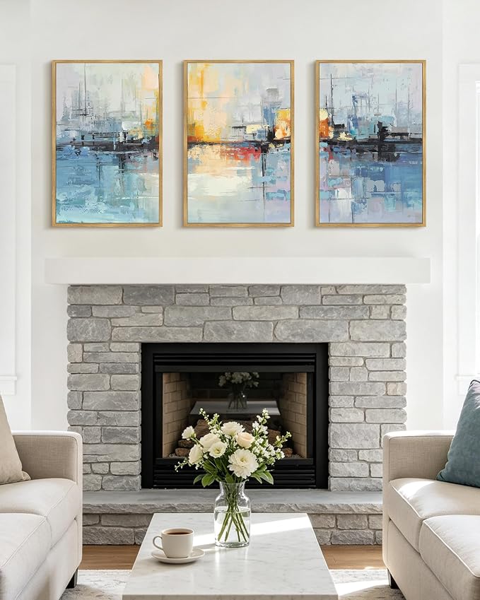 PHOPAGO Navy Blue Abstract Landscape Framed Wall Art Large 16x24in Graffiti Colorful Shape Wall Decor Modern Art Paints Laundry Living Room Decor - Natural Framed
