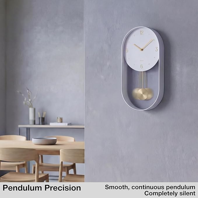 Driini Modern Pendulum Wall Clock - White and Gold Decorative Wall Clock with Pendulum - Modern Minimalist Metal Wall Clock for Living Room Décor - Silent Battery Operated Wall Clock
