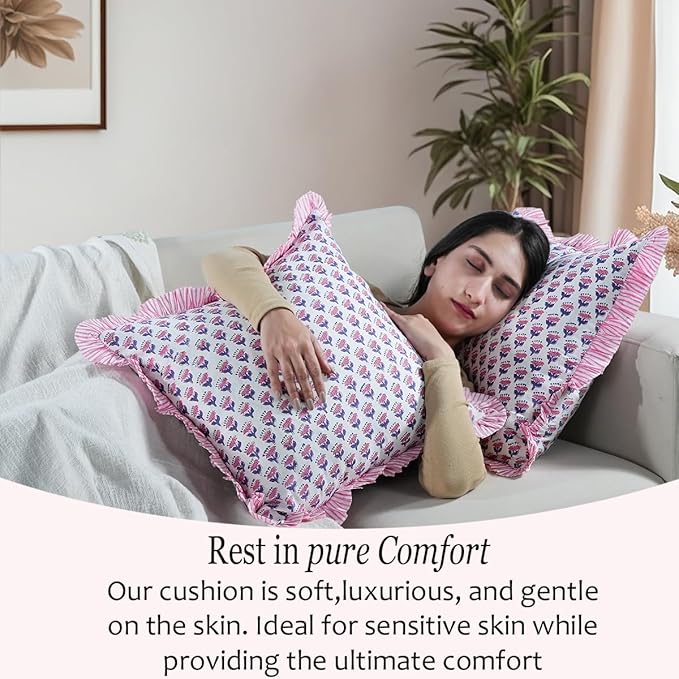 CPC Pink Sapphire Ruffle Throw Pillow Covers for Couch, 24x24 Inch Cotton Stripe Ruffle Couch Pillows for Living Room, Hidden 20 Inch Zipper Boho Pillow Case or Cute Outdoor Pillows