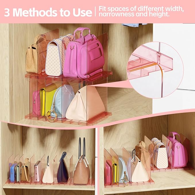 PAVSTINE Purse Organizer for Closet, Stackable Handbag Storage Shelf, Adjustable Clear Shelf Dividers, Keep Clutch, Bag, Pocketbook Upright, for Bedroom(Pink)