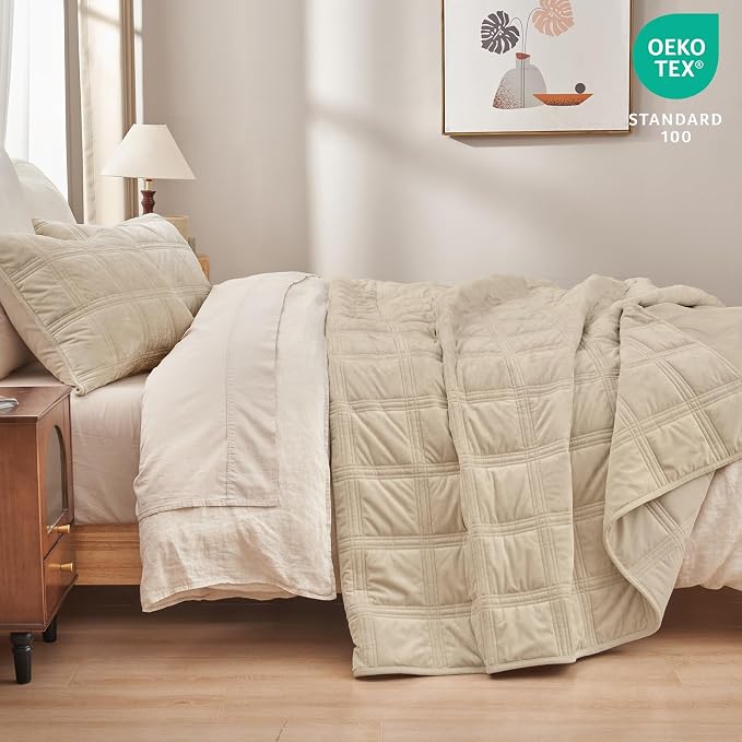 PHF Ultra Soft Velvet Quilt Set King Size – 3PCS Luxurious Cozy Quilted Comforter Alternative with Diamond Pattern, Warm Quilted Bedspread Coverlet, 108" x 92", Oxford Tan