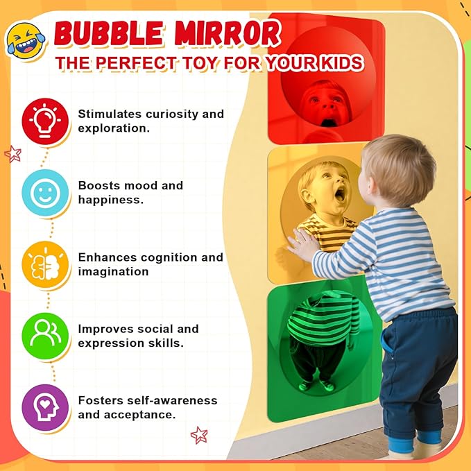 Geiserailie 3 Pcs Sensory Wall Mirror Acrylic Bubble Mirror Toys for Calming Corner Items - Sensory Room Have Visual, Tactile Stimulation (10 x 10 Inch,Red,Yellow,Green)