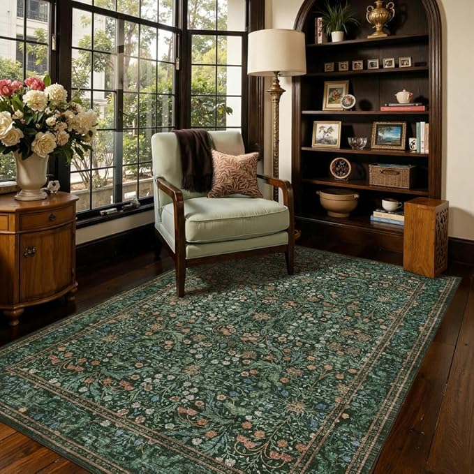 Rugxara 4x6 Area Rugs for Living Room Bedroom, Large Washable Rug, Green Vintage Floral Boho Rug, Non Slip & Low Pile Wool Accent Carpet for Indoor Dining Room, Kids Room and Office(Green 4x6ft)