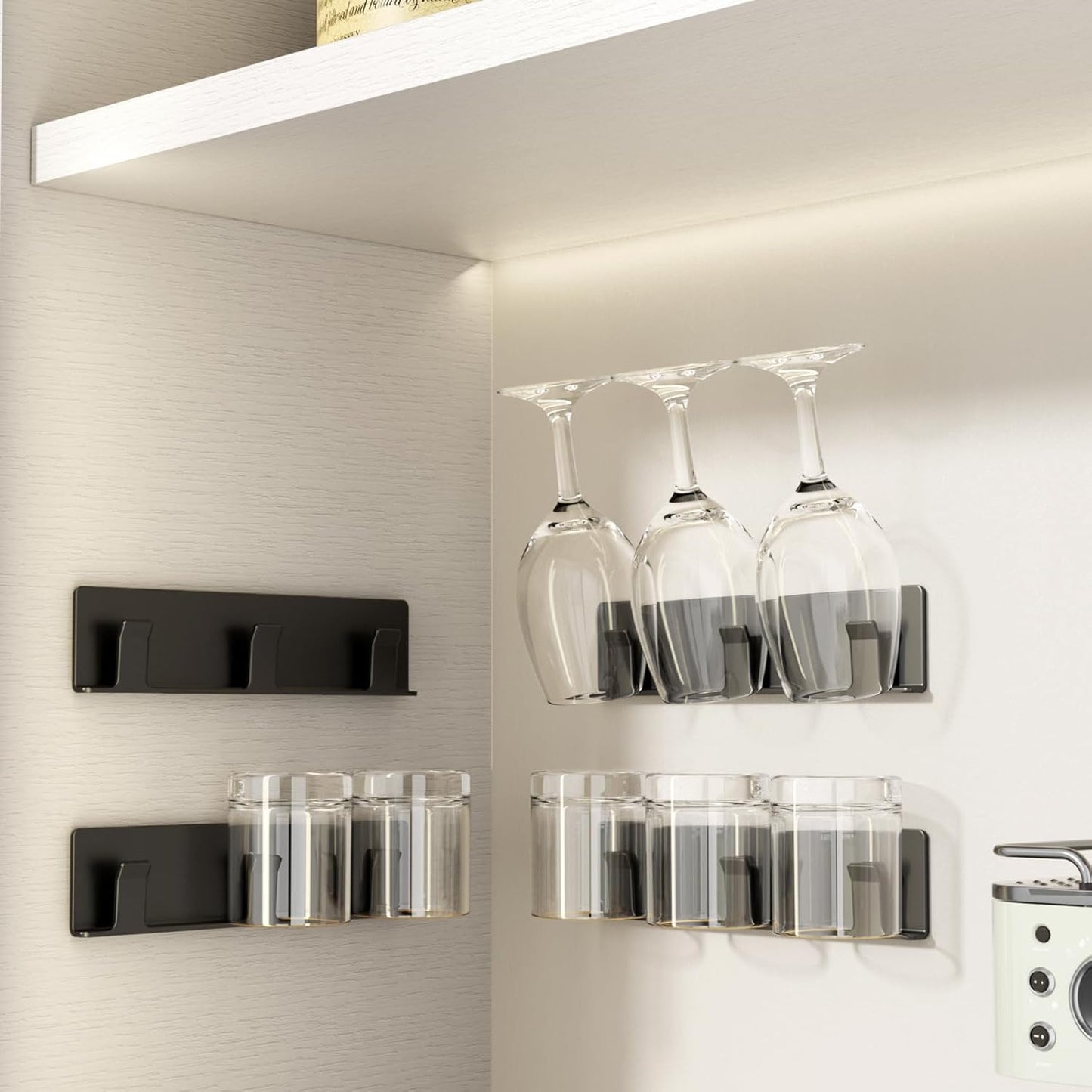 Cup Holder, 4 Pack Wine Glass Holder，No Drilling Installation Wine Glass Holder Wall Mounted for Dining Room, Kitchen and Bar Daily Use (Classic Black)