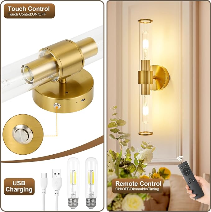Morauroral Gold Battery Operated Wall Sconce, Rechargeable Wall Lights with Remote, 20 Inch Modern Wireless Wall Lamp for Bedroom, Living Room with White Shade (Bulbs Included)