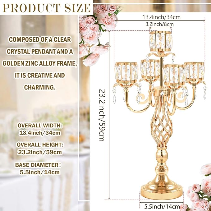 23.2 inch Tall Elegant and Chic 5 Arm Pendant Crystal Candlestick Holder Table Decoration tealight Candle Holder, Candelabra for Gorgeous Wedding/Parties Table Centerpiece (4, Gold)