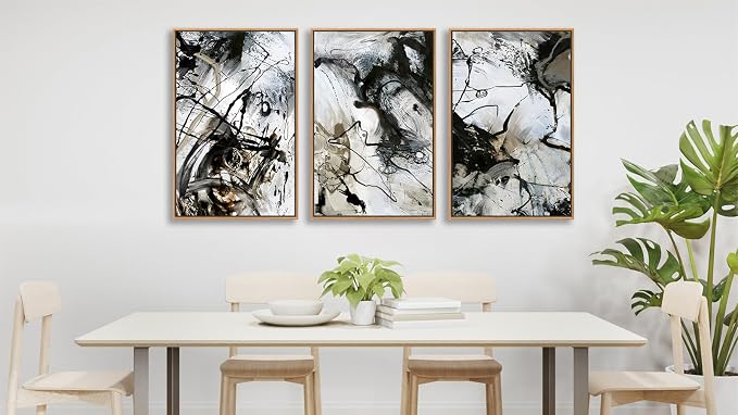 Large Modern Painting Wall Art for Living Room Float Framed Art Set of 3 Abstract Canvas Pictures Black and White Minimalist Artwork Canvas Prints for Bedroom Home Office Wall Decor 24X36inX3pcs