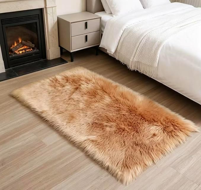 Faux Fur Rug Fluffy Sheepskin Area Rug,Ultra Soft Shaggy Plush Rug Bedroom Living Room Sofa Floor Kids Room Bedside（2 x 4 ft Rectangle Brown）