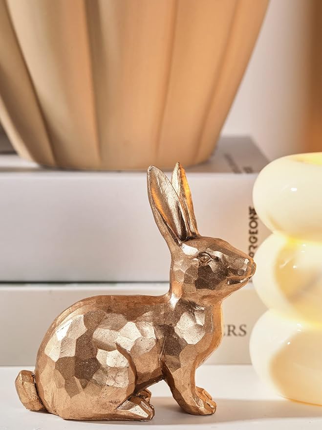 DN DECONATION Golden Polyresin Bunny Decor Rabbit Figurines, Easter Bunny Statue Set of 3 for Spring Tabletop Decor