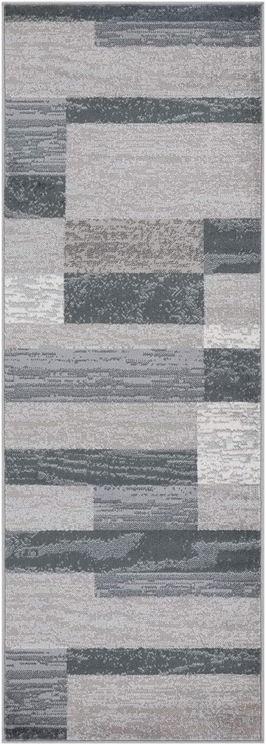Superior Indoor Runner Rug, Jute Backed, Modern Geometric Patchwork Floor Decor for Bedroom, Office, Living Room, Entryway, Hardwood Floors, Rockwood Collection, 2' 7" x 10', Blue-Taupe