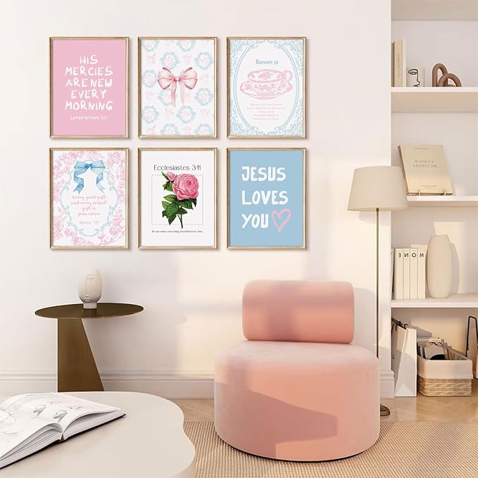 Christian Wall Art Decor Bible Verses Poster Girl Preppy Canvas Room Decor Pink Blue Scripture Wall Art Coquette Floral Bow Aesthetic Prints Trendy Artwork for Girl Bedroom 12x16x6 Inch Unframed