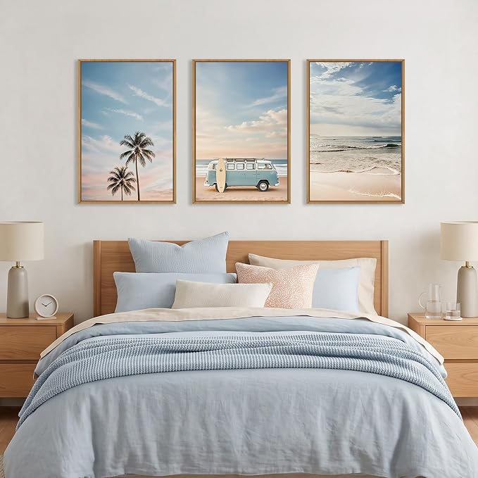 Ausril Large Surfboard Ocean Beach Framed Canvas Wall Art Set, Coastal Beach Wall Decor, Bus and Palm Tree Wall Painting, Blue Van Seaside Art Prints for Living Room, Bedroom, Dining Room - 16"x24"x3