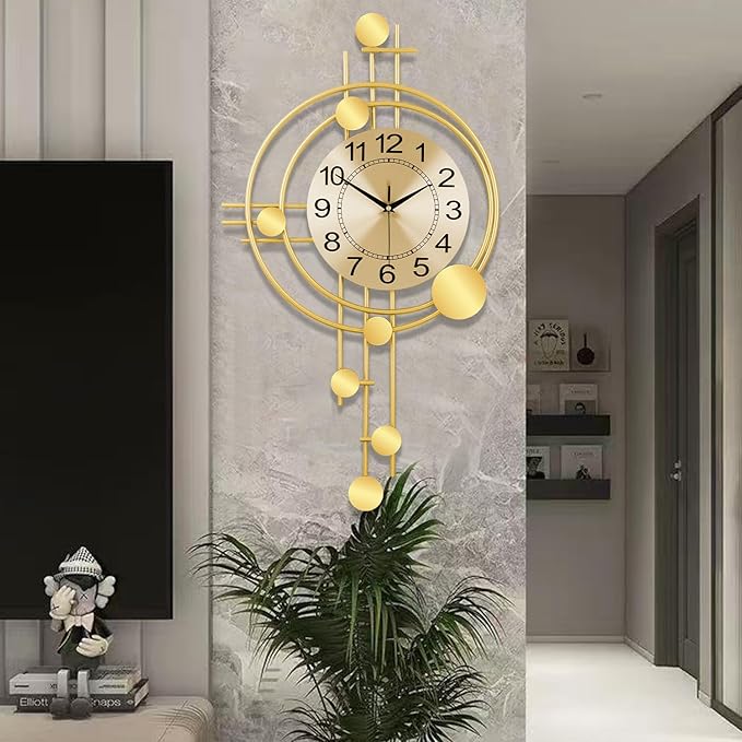 Wall Clock with Pendulum, Silent Non-Ticking Quality Quartz Battery Operated, Round Analog Large Wall Clock for Living Room Kitchen Bathroom Bedroom Wall Home Decor, 16.2x29.2inch, Golden