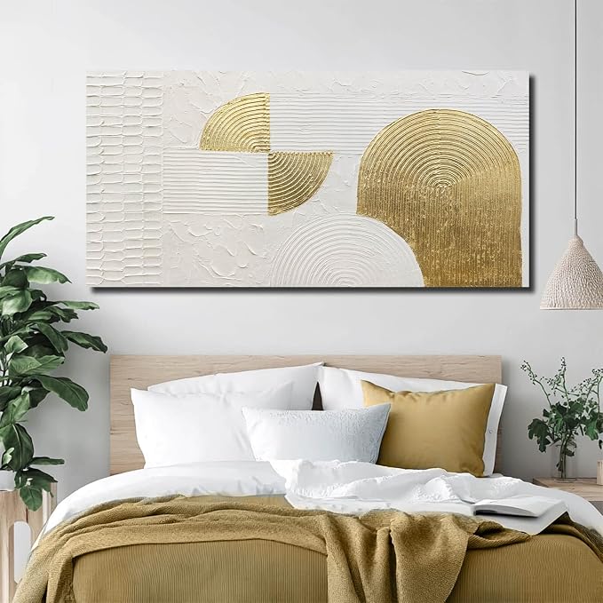 VAYIMDH Large Canvas Wall Art for Living Room Gold Wall Decor White Paintings Abstract Pictures Hand Drawn Arts for Office Hotel 29"x58"