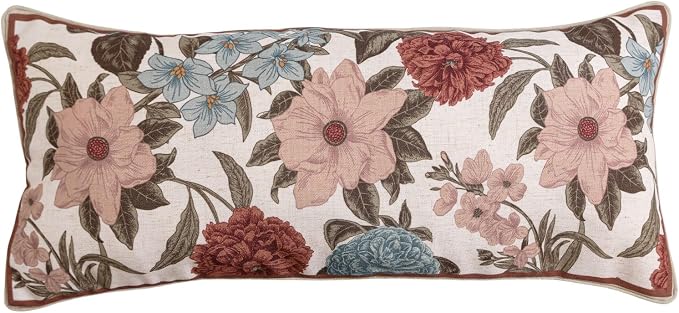 bilin gaier French Vintage Linen Throw Pillow Cover,28"x12"-Burgundyred | Designer Rectangular Pillow Cover,Concealed Zipper Design,Floral Pattern,Sofas,Bedroom,Living Room,Lounge Chairs