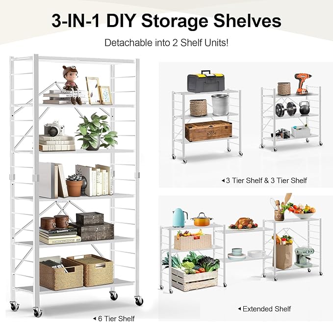 Himix 6 Tier Foldable Storage Shelves, Expandable Folding Bookshelf with Wheels, Changeable into 2 Shelf Units, Collapsible Adjustable Storage Rack Metal Shelves for Garage Kitchen, Basement, White