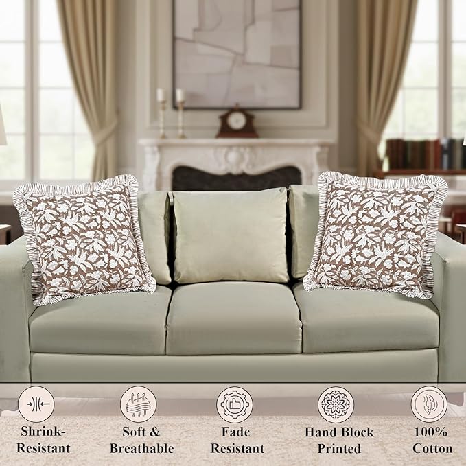 Ridhi Block Print Oak Brown Throw Pillow Cover 18" x 18" (Pack of 2) Decorative Cushion Covers with Ruffle for Couch, Sofa, Bed, Living Room, Home Decor Gift for Spring, Easter, Valentine