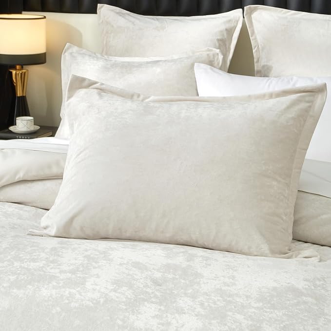 Ivellow Crushed Velvet Comforter Set King Ivory Comforter Set 5pcs Ultra Soft Lightweight Breathable Bedding Set Luxury Cozy Flannel Comforter King Size (1 Comforter,2 Pillow Shams, 2 Euro Shams