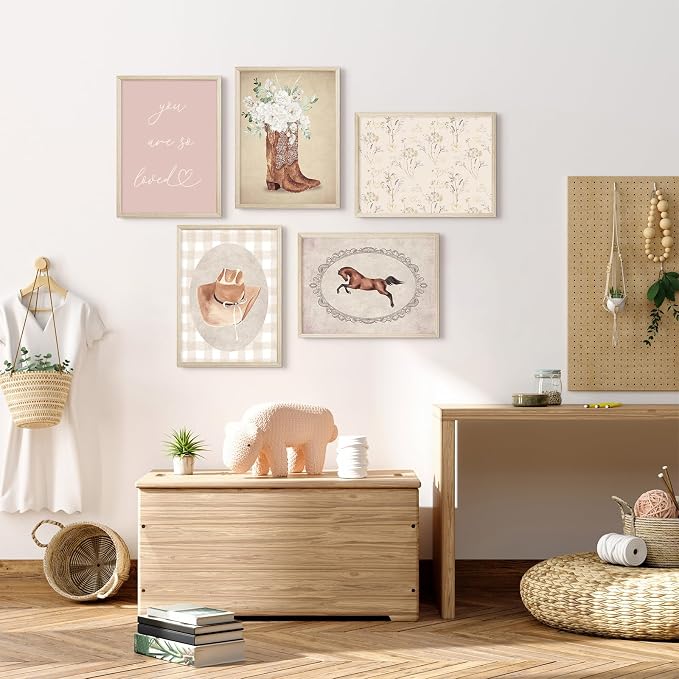 Cowgirl Nursery Wall Art Coquette Western Girl Poster Vintage Horse Floral Canvas Pictures Aesthetic Pink Preppy Room Wall Decor Rustic Cowgirl Prints for Girls Bedroom 12x16x5 Inch Wood Framed